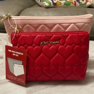 Betsy Johnson Cosmetic / Makeup Bag Set - Pink & Red Quilted Hearts - Great Gift
